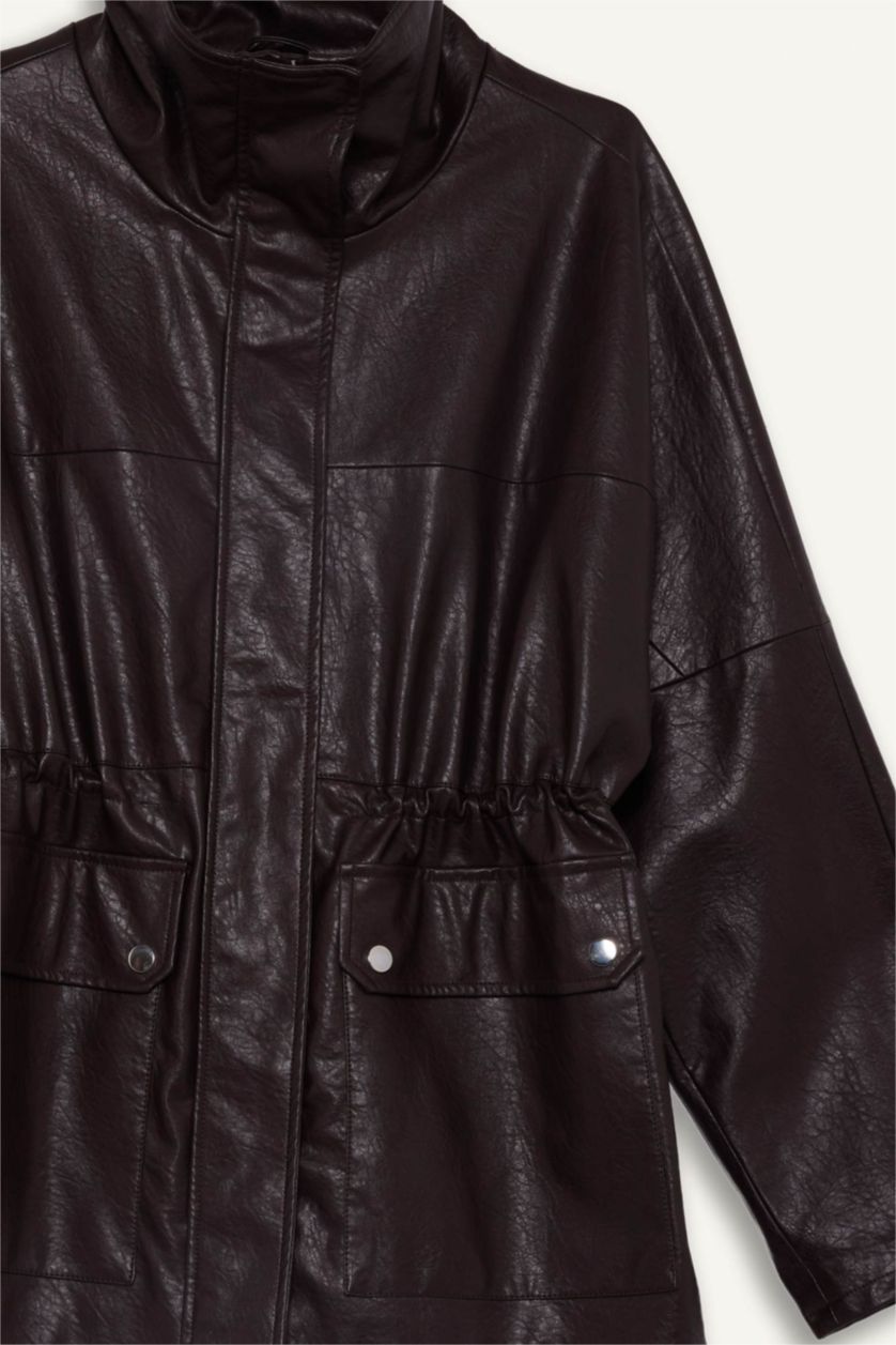 Women Bordeaux Faux Leather Jacket