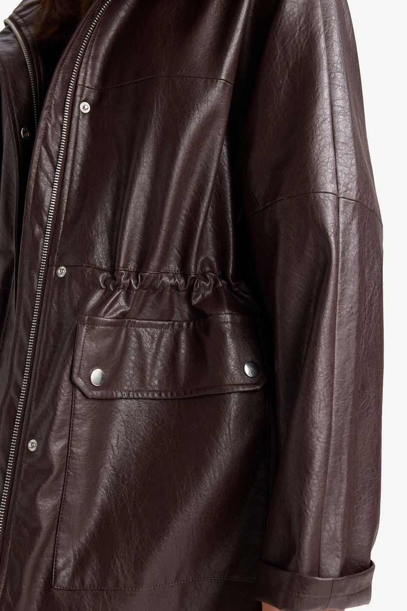 Kadın Bordo Afra x DeFacto Relax Fit Dik Yaka Fermuarlı Suni Deri Mont