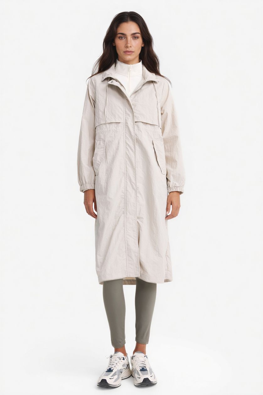 Kadın Taş Su İtici Kapüşonlu Fermuarlı Uzun Yağmurluk