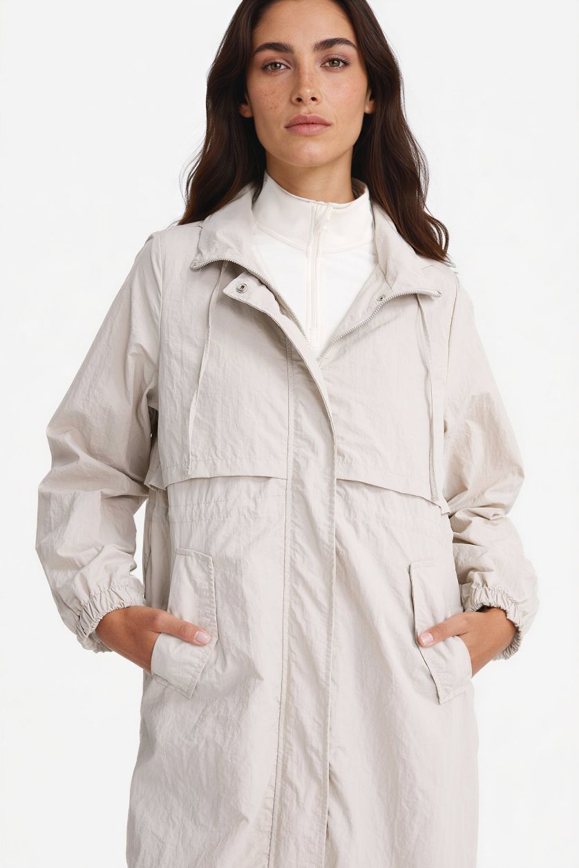 Kadın Taş Su İtici Kapüşonlu Fermuarlı Uzun Yağmurluk