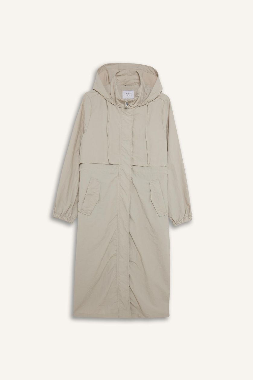 Kadın Taş Su İtici Kapüşonlu Fermuarlı Uzun Yağmurluk