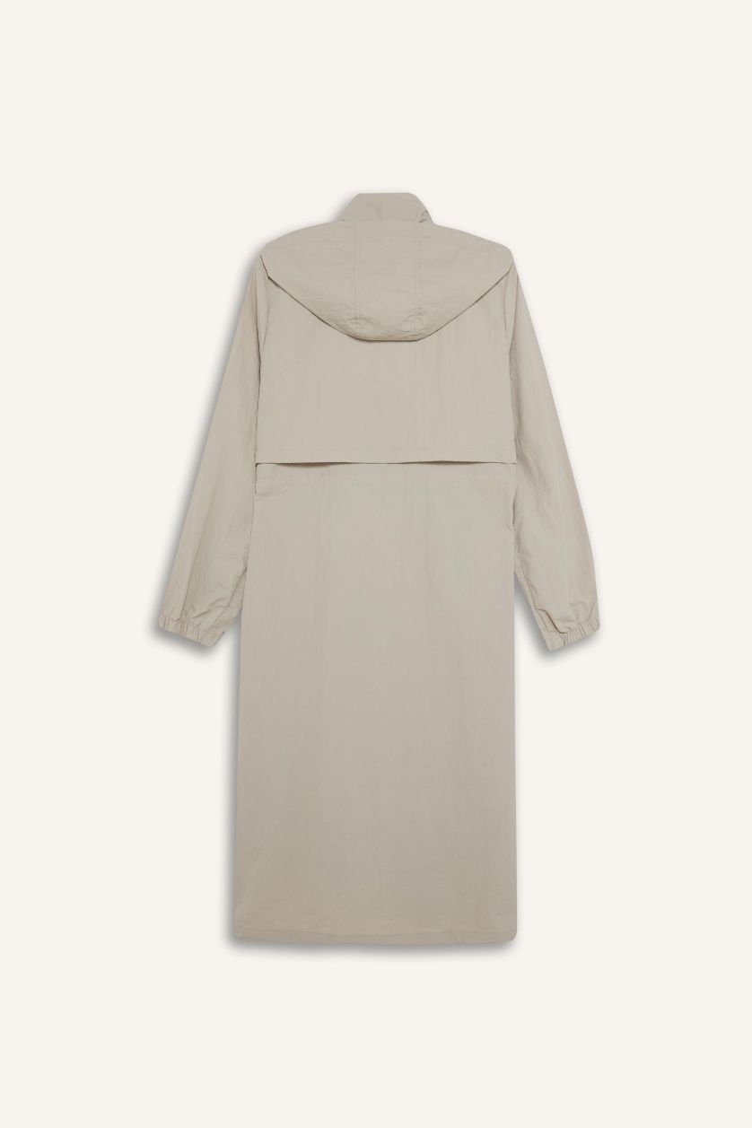 Kadın Taş Su İtici Kapüşonlu Fermuarlı Uzun Yağmurluk