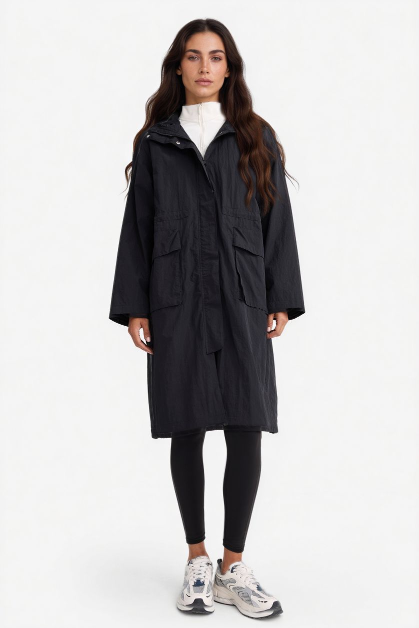 Kadın Siyah Su İtici Kapüşonlu Fermuarlı Uzun Yağmurluk