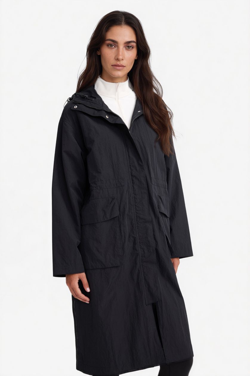 Kadın Siyah Su İtici Kapüşonlu Fermuarlı Uzun Yağmurluk