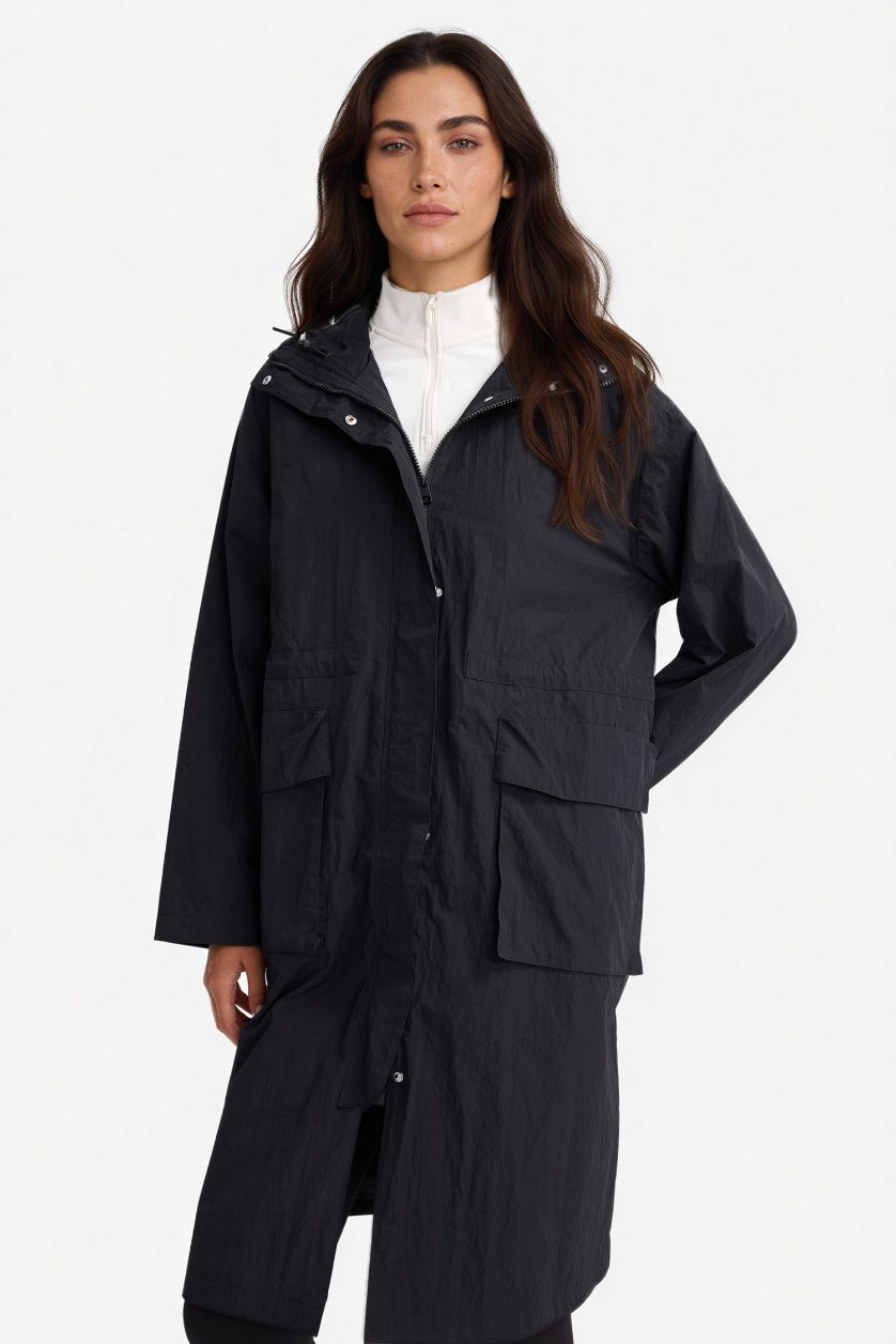 Kadın Siyah Su İtici Kapüşonlu Fermuarlı Uzun Yağmurluk
