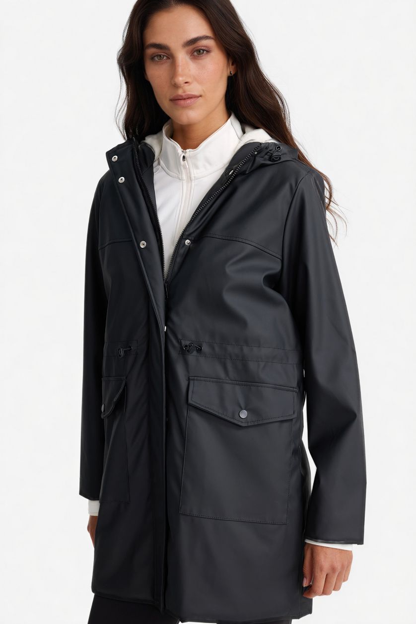 Kadın Siyah Su Geçirmez Kapüşonlu Suni Deri Yağmurluk