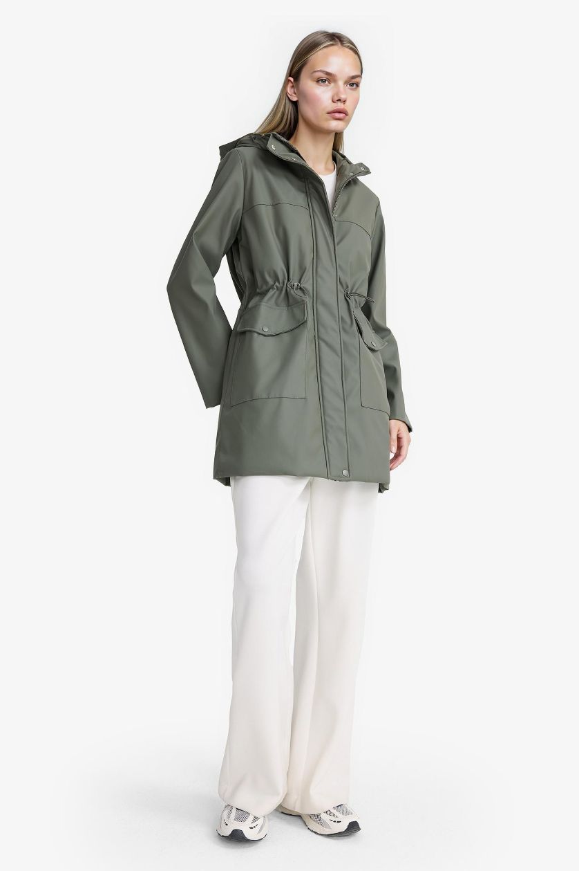 Kadın Haki Su Geçirmez Kapüşonlu Suni Deri Yağmurluk
