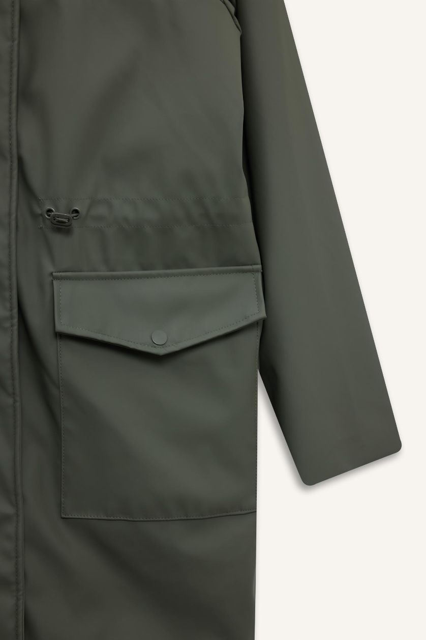 Kadın Haki Su Geçirmez Kapüşonlu Suni Deri Yağmurluk