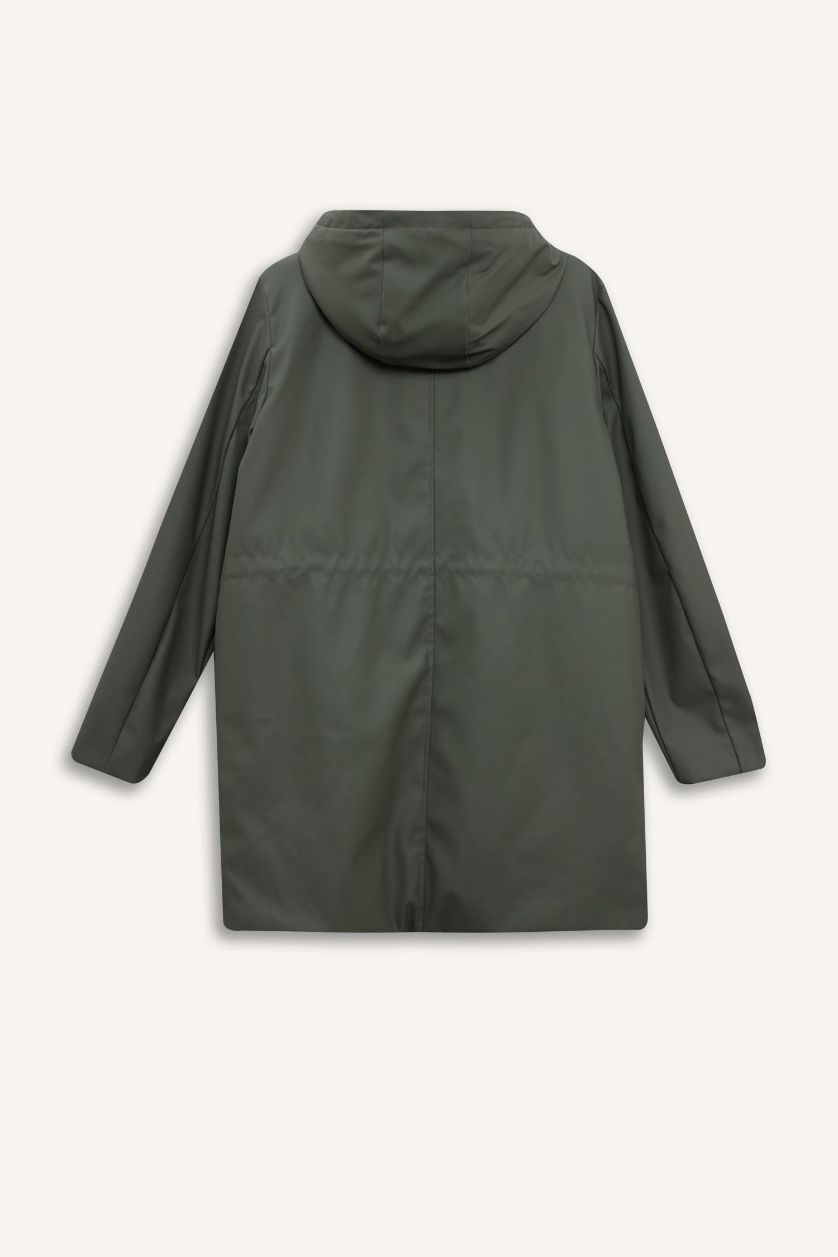 Kadın Haki Su Geçirmez Kapüşonlu Suni Deri Yağmurluk