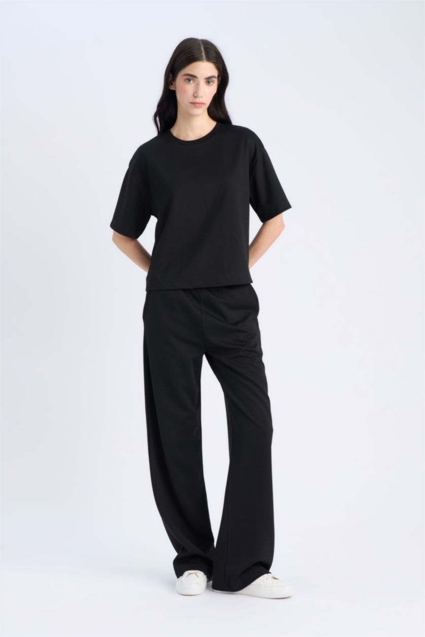 نساء أسود تيشيرت نص كم عادي اوفر سايز برقبة مستديرة