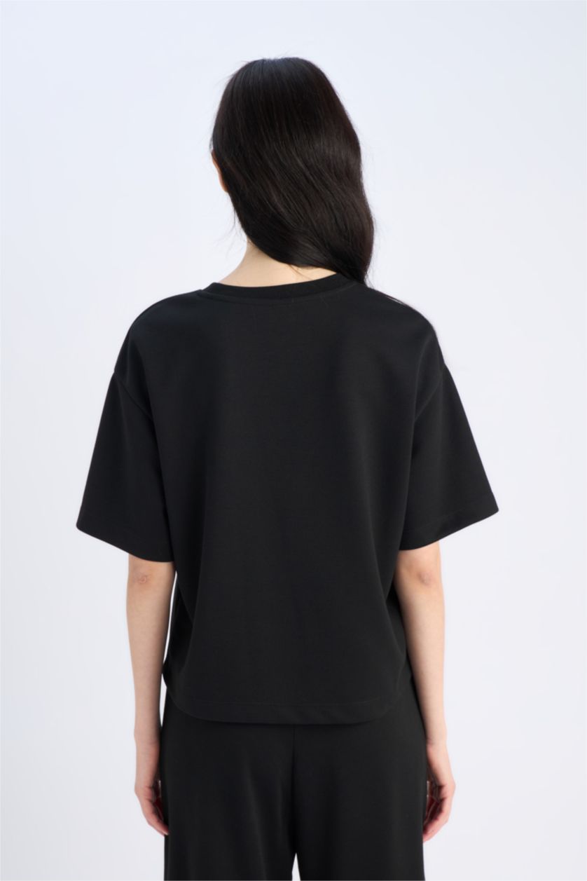 نساء أسود تيشيرت نص كم عادي اوفر سايز برقبة مستديرة