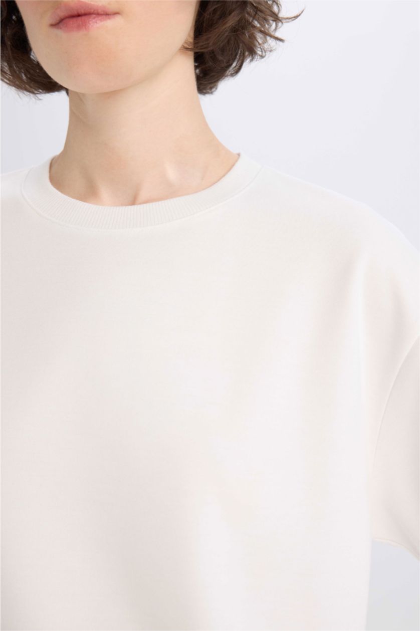 نساء بيج فاتح تيشيرت عادي اوفر سايز برقبة مستديرة وأكمام قصيرة