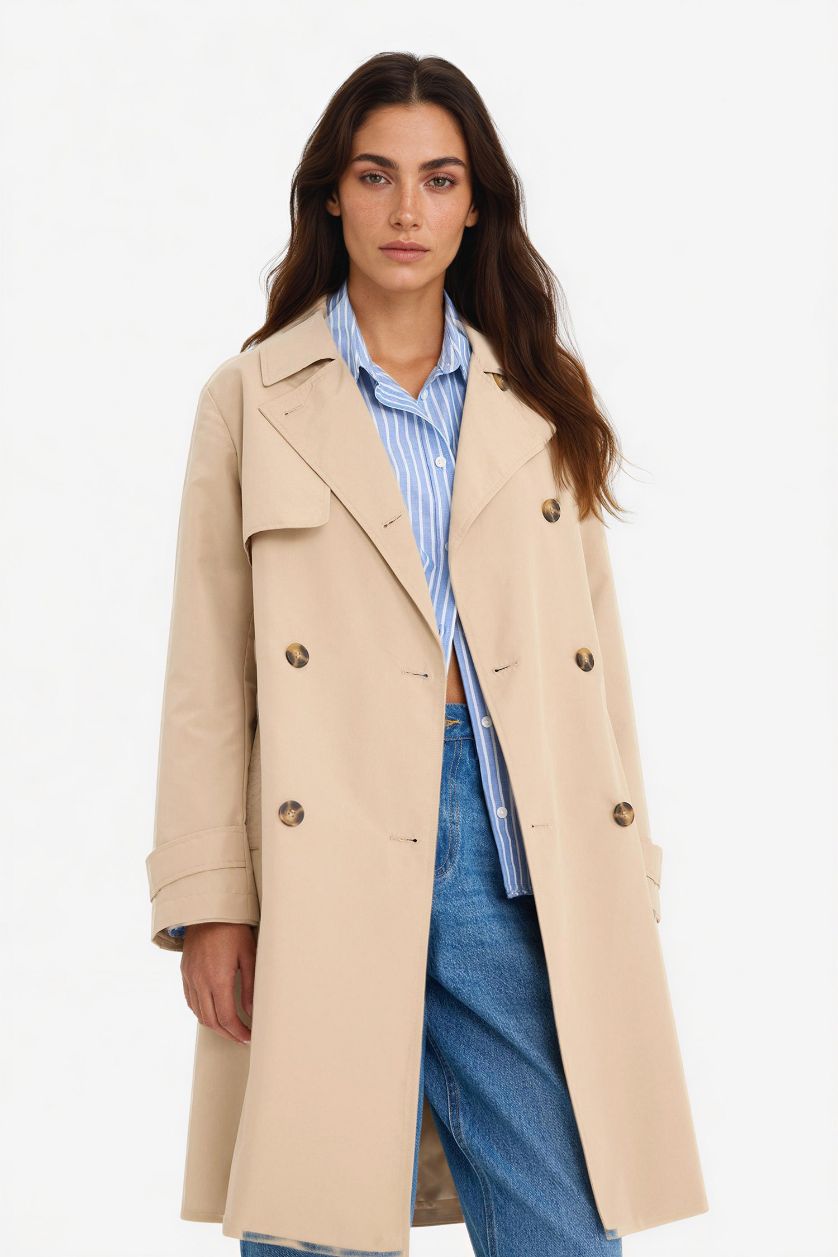 نساء بيج معطف ترانش كوت قصة عادية بحزام