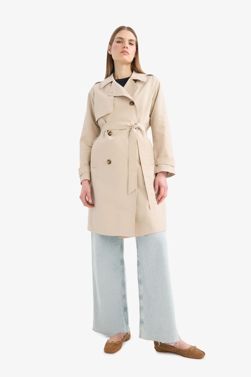 WOMAN Ecru Regular Fit Pockets Belt Trenchcoat
