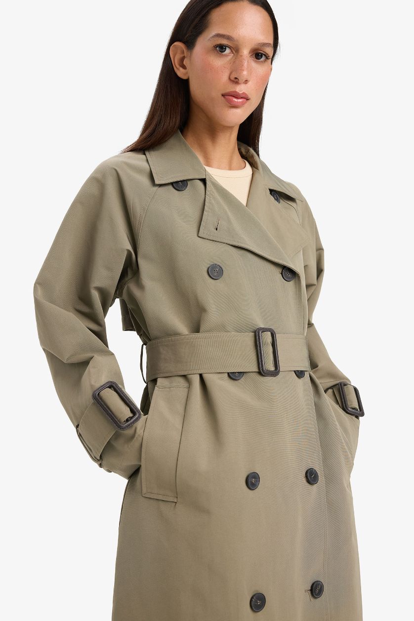 حريمي كاكي ترانش كوت طويل قصة عادية بحزام