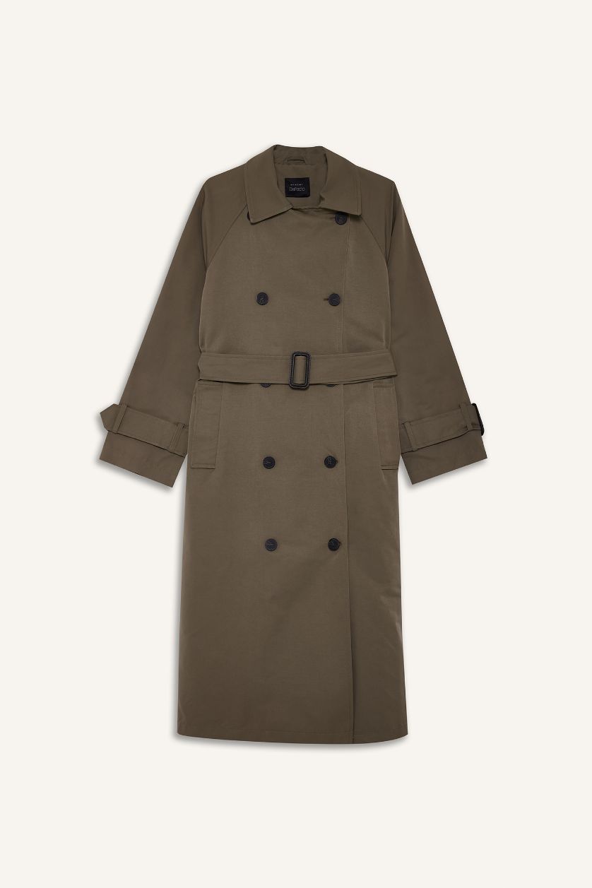 حريمي كاكي ترانش كوت طويل قصة عادية بحزام