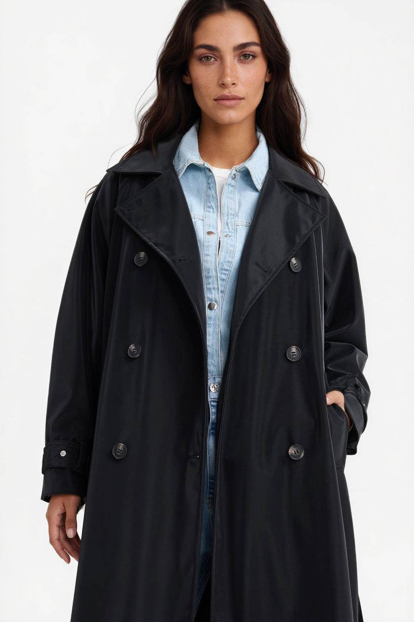 Kadın Siyah Regular Fit Suni Deri Kemerli Uzun Trençkot