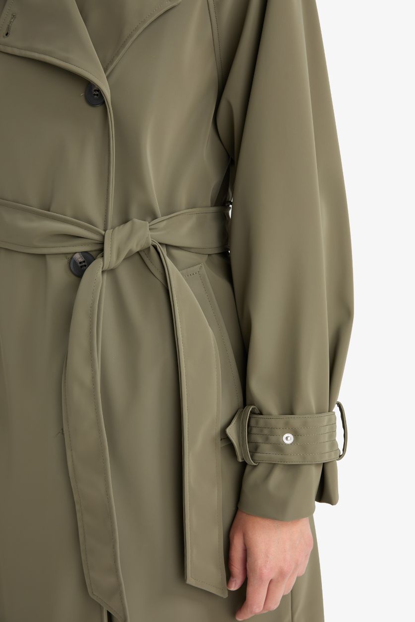 Kadın Haki Regular Fit Suni Deri Kemerli Uzun Trençkot