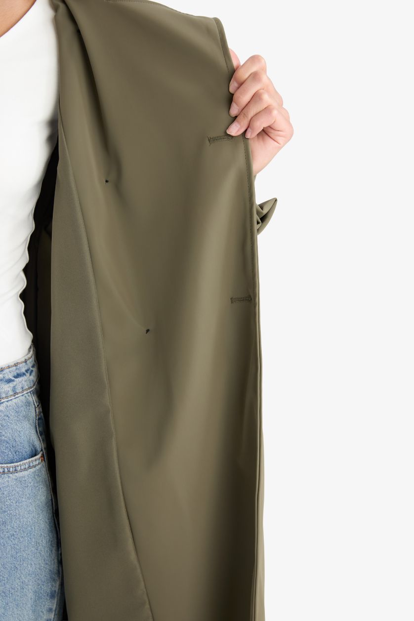 Kadın Haki Regular Fit Suni Deri Kemerli Uzun Trençkot