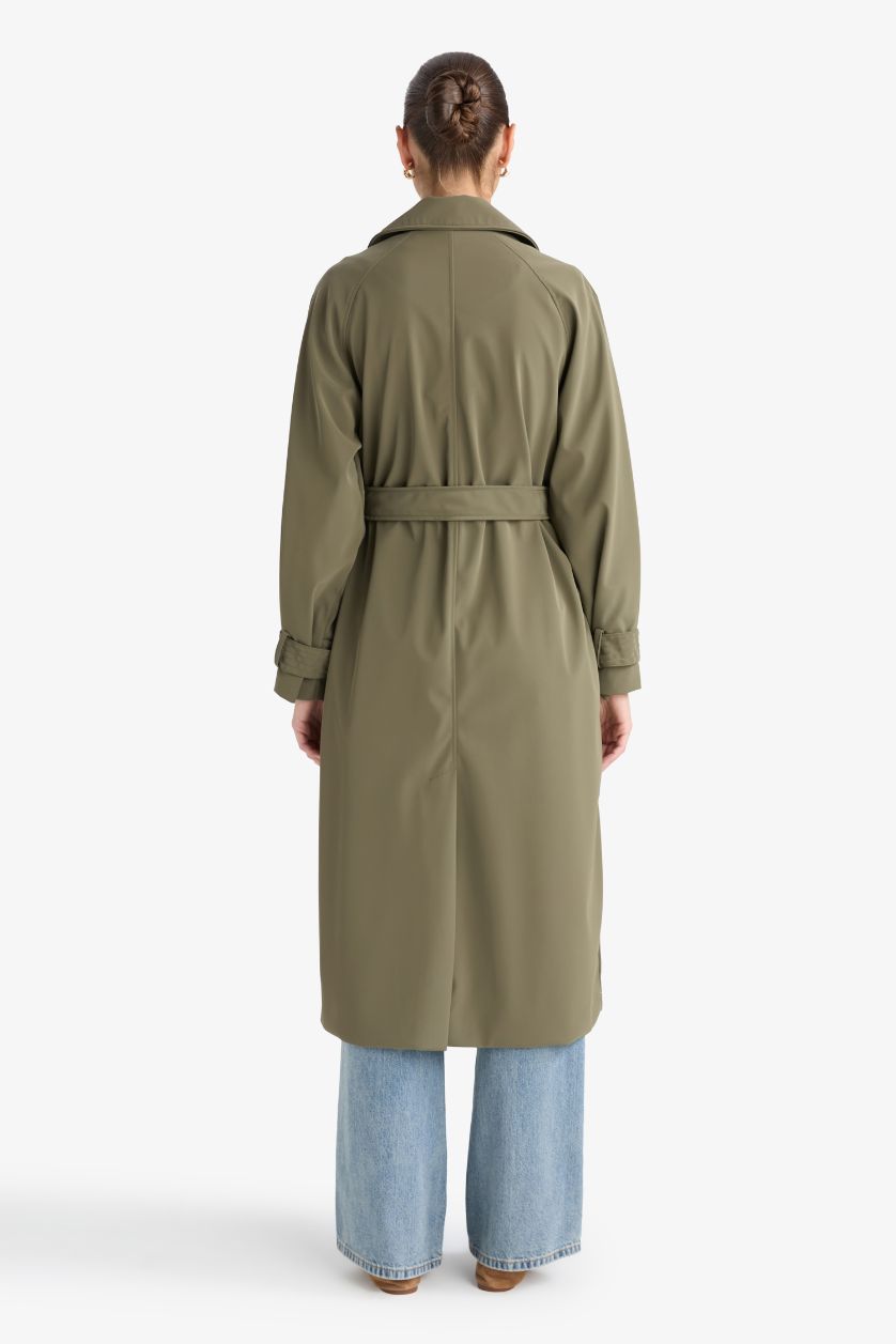 Kadın Haki Regular Fit Suni Deri Kemerli Uzun Trençkot