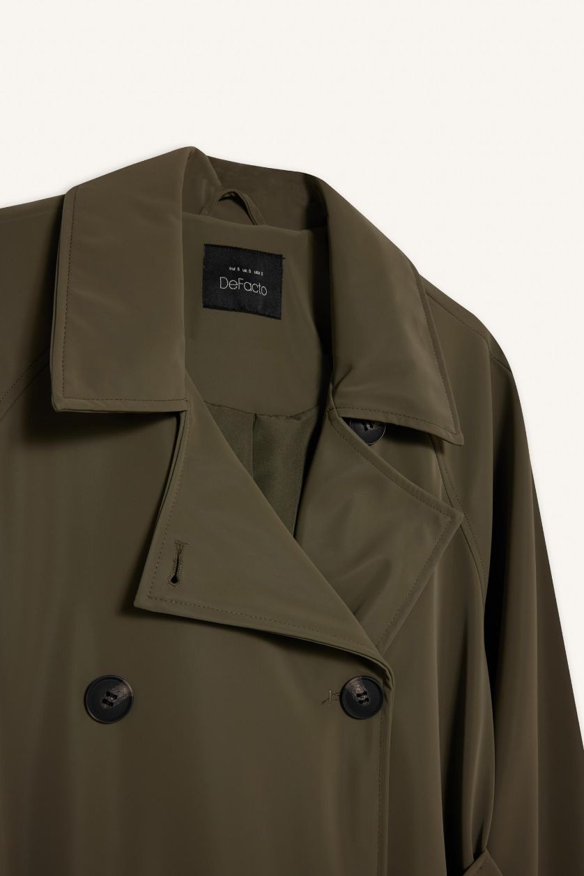 Kadın Haki Regular Fit Suni Deri Kemerli Uzun Trençkot