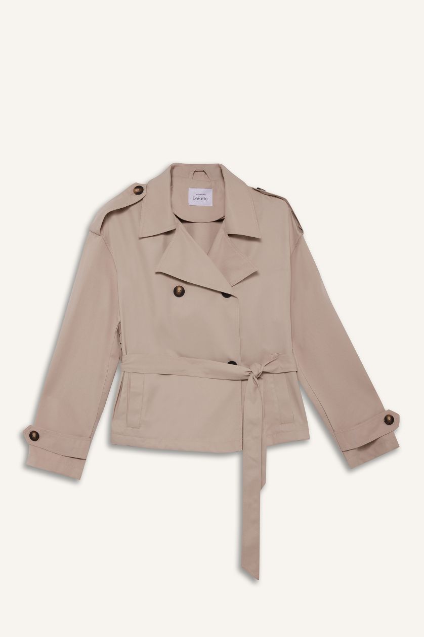 Женщины Бежевый Короткий тренчкот Regular Fit с карманами и поясом