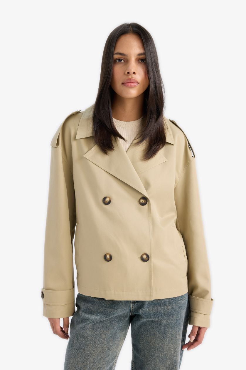 حريمي كاكي فاتح ترانش كوت قصير قصة عادية بحزام وجيب