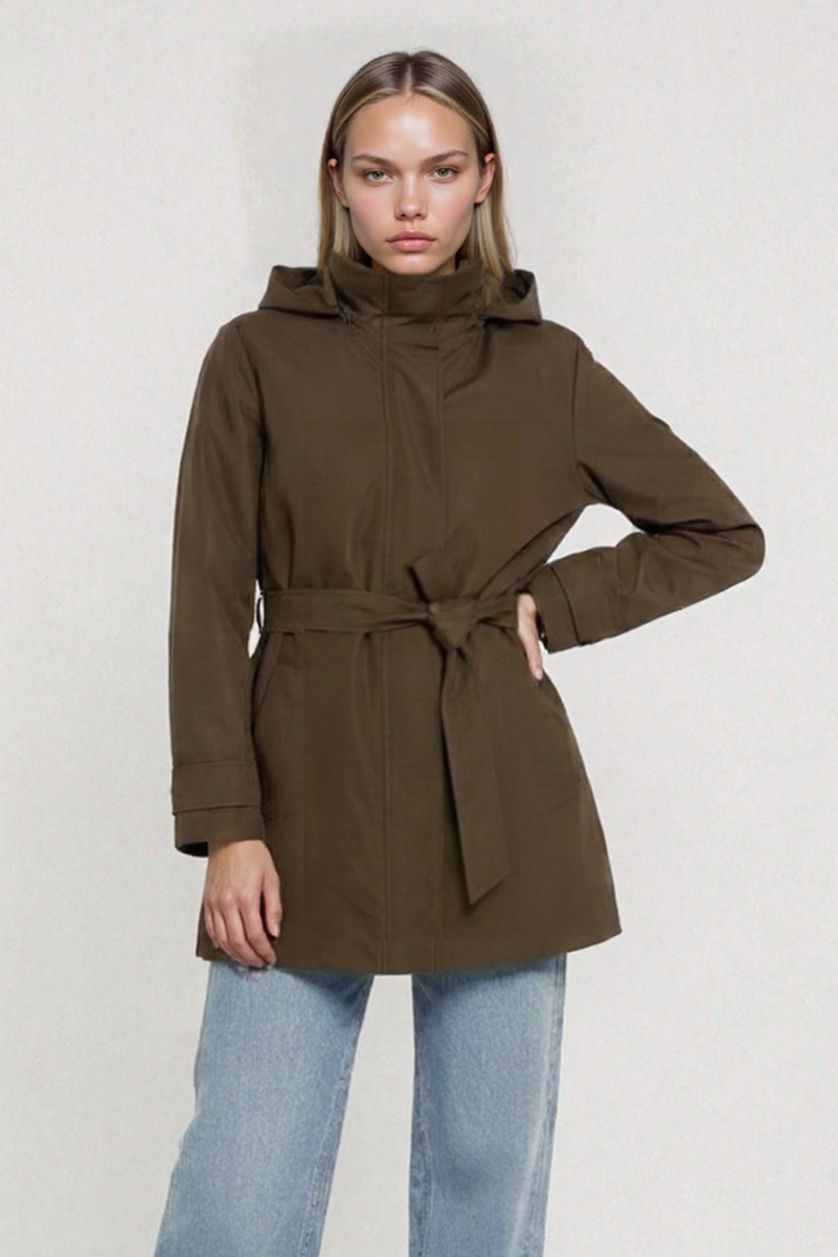 Woman Khaki Regular Fit Cotton Hooded Trenchcoat