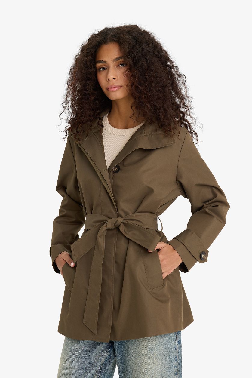 Woman Khaki Regular Fit Cotton Hooded Trenchcoat