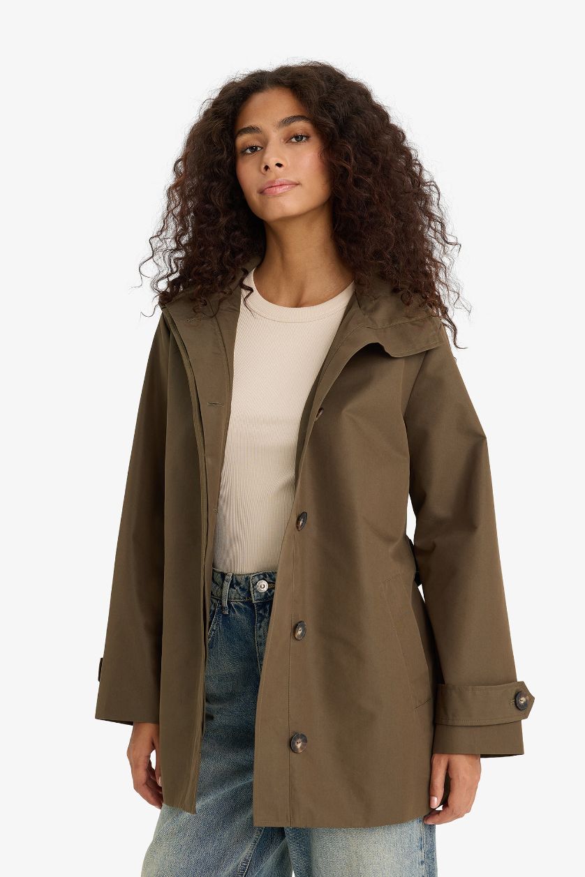 Woman Khaki Regular Fit Cotton Hooded Trenchcoat