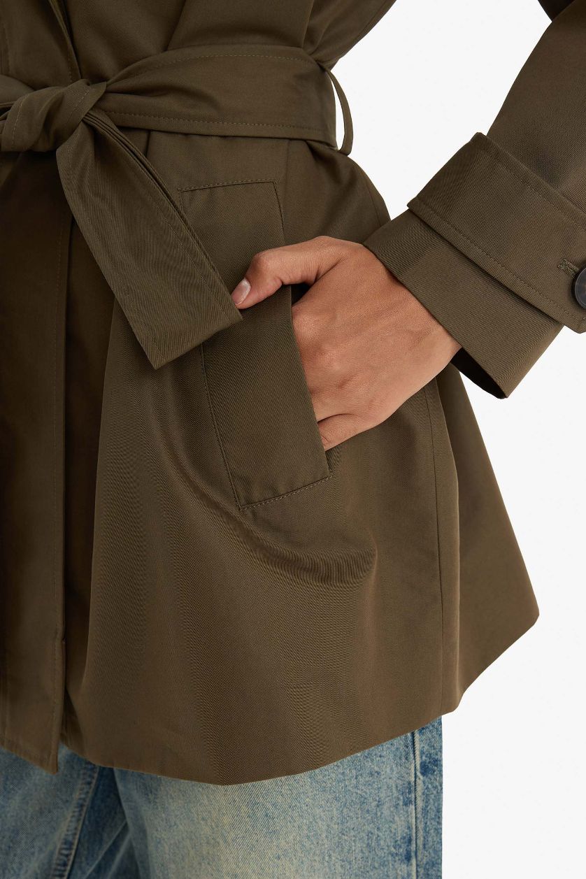 Woman Khaki Regular Fit Cotton Hooded Trenchcoat