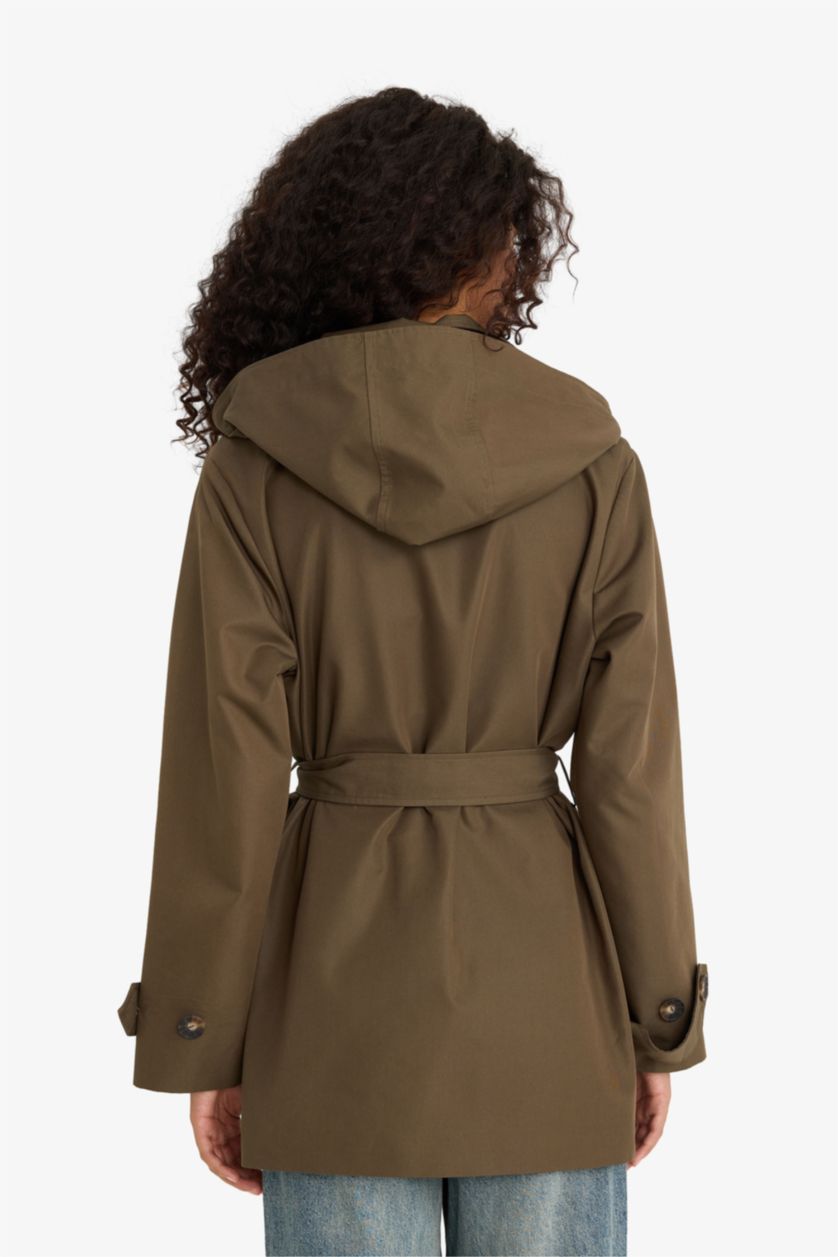 Woman Khaki Regular Fit Cotton Hooded Trenchcoat