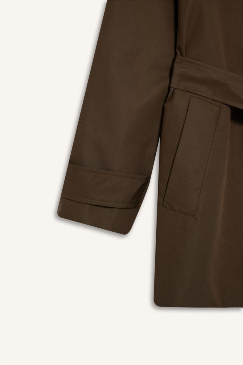 Woman Khaki Regular Fit Cotton Hooded Trenchcoat