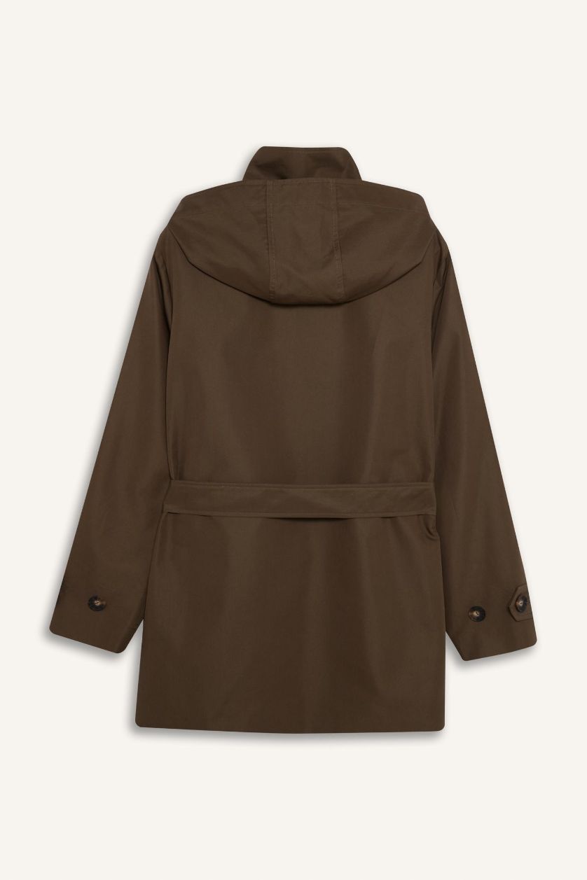 Woman Khaki Regular Fit Cotton Hooded Trenchcoat