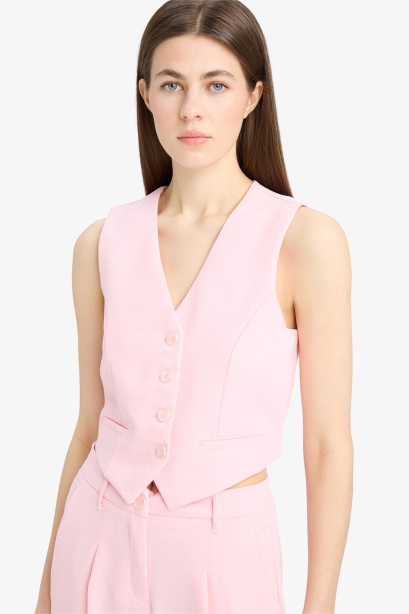 Әйелдерге Қызғылт ұзын бұлшықет пішімі v жаға креп Жилет