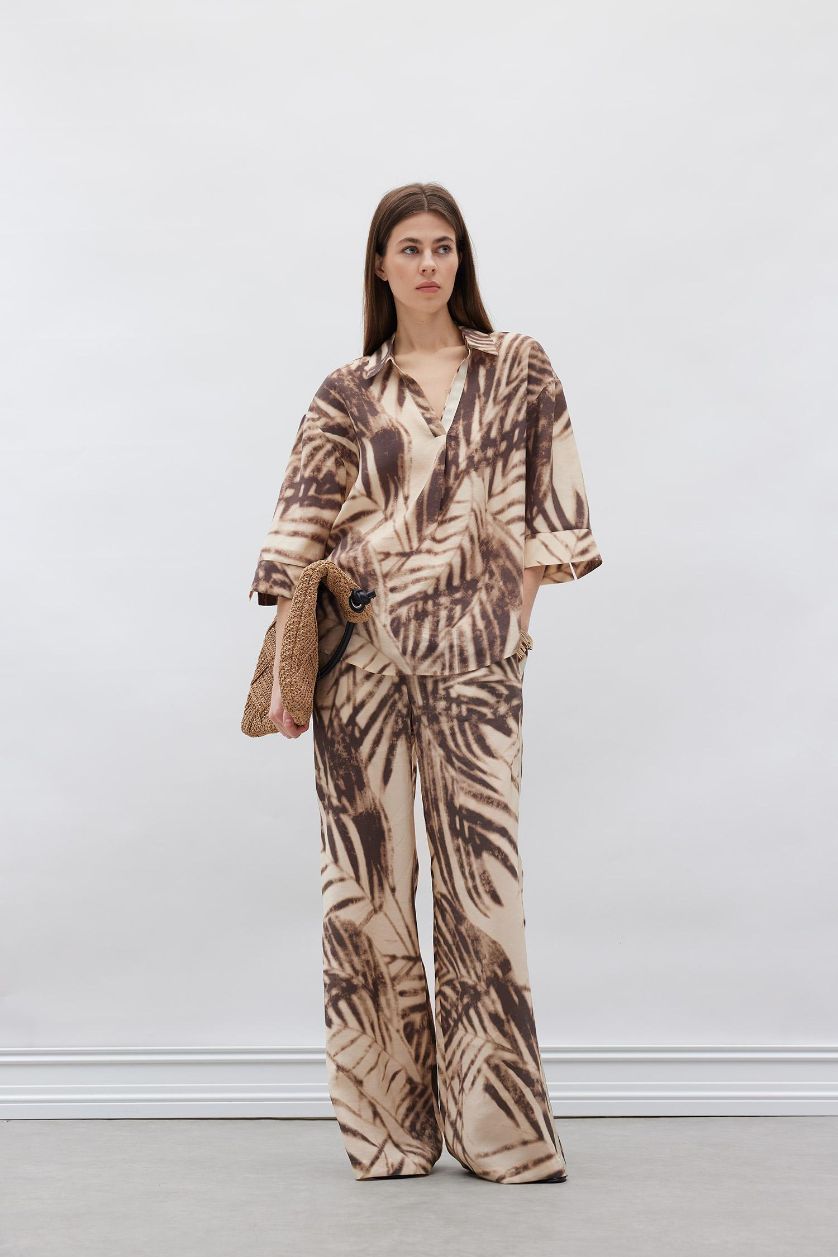 FEMME Beige Pantalon large imprimé en modal taille haute Coupe droite