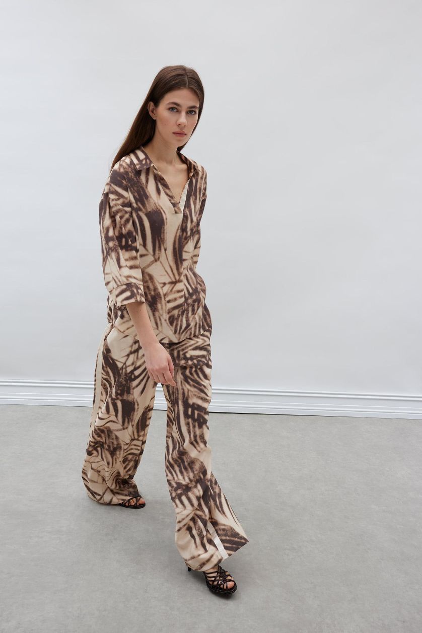 FEMME Beige Pantalon large imprimé en modal taille haute Coupe droite