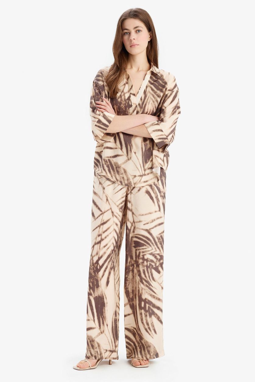 FEMME Beige Pantalon large imprimé en modal taille haute Coupe droite