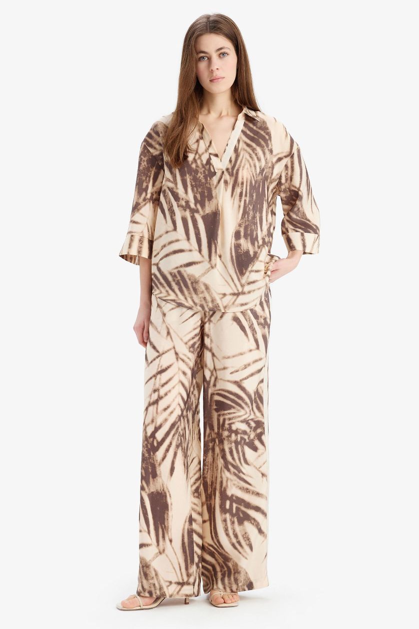 FEMME Beige Pantalon large imprimé en modal taille haute Coupe droite