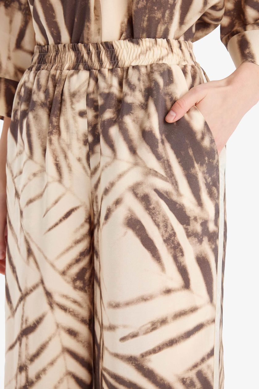 FEMME Beige Pantalon large imprimé en modal taille haute Coupe droite