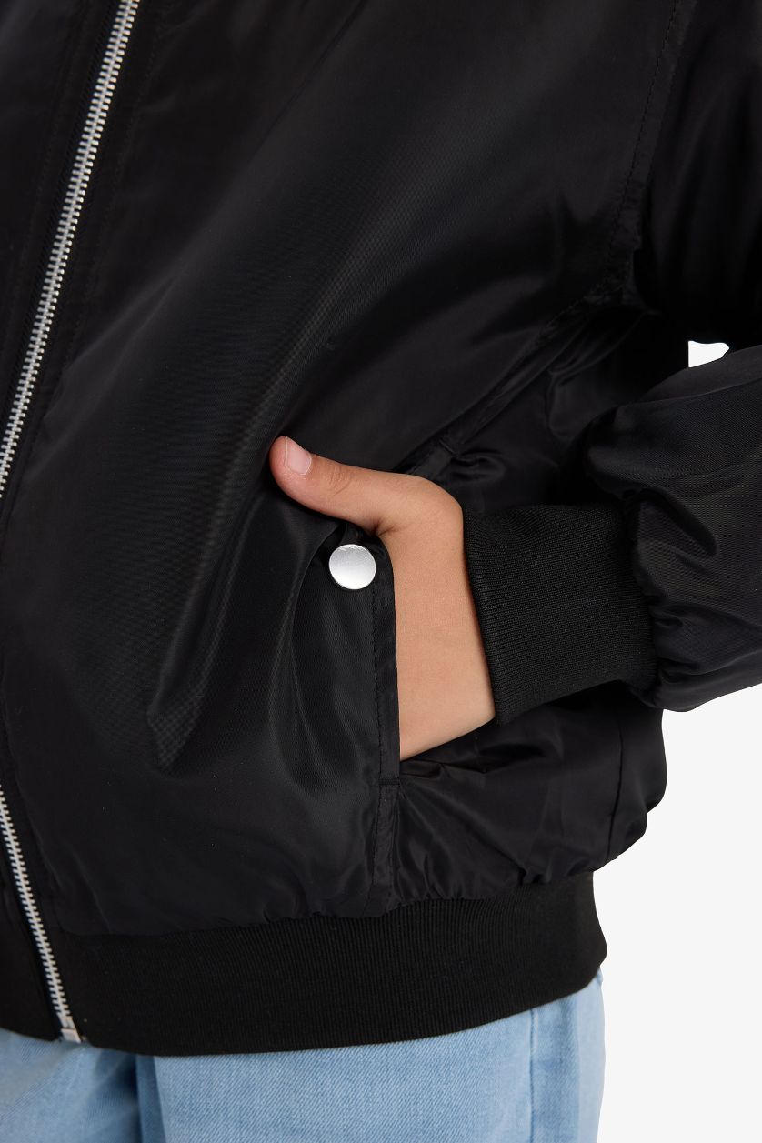 Kız Çocuk - Genç Kız Siyah Su Geçirmez Kolej Yaka Fermuarlı Bomber Mont Kız Çocuk