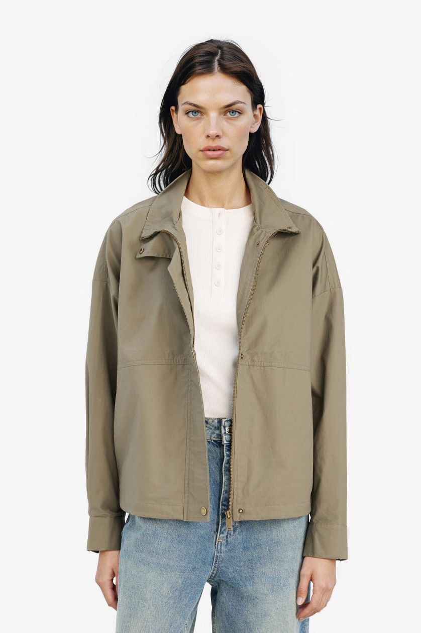 Kadın Haki %100 Pamuk Su Geçirmez Relax Fıt Fermuarlı Mont