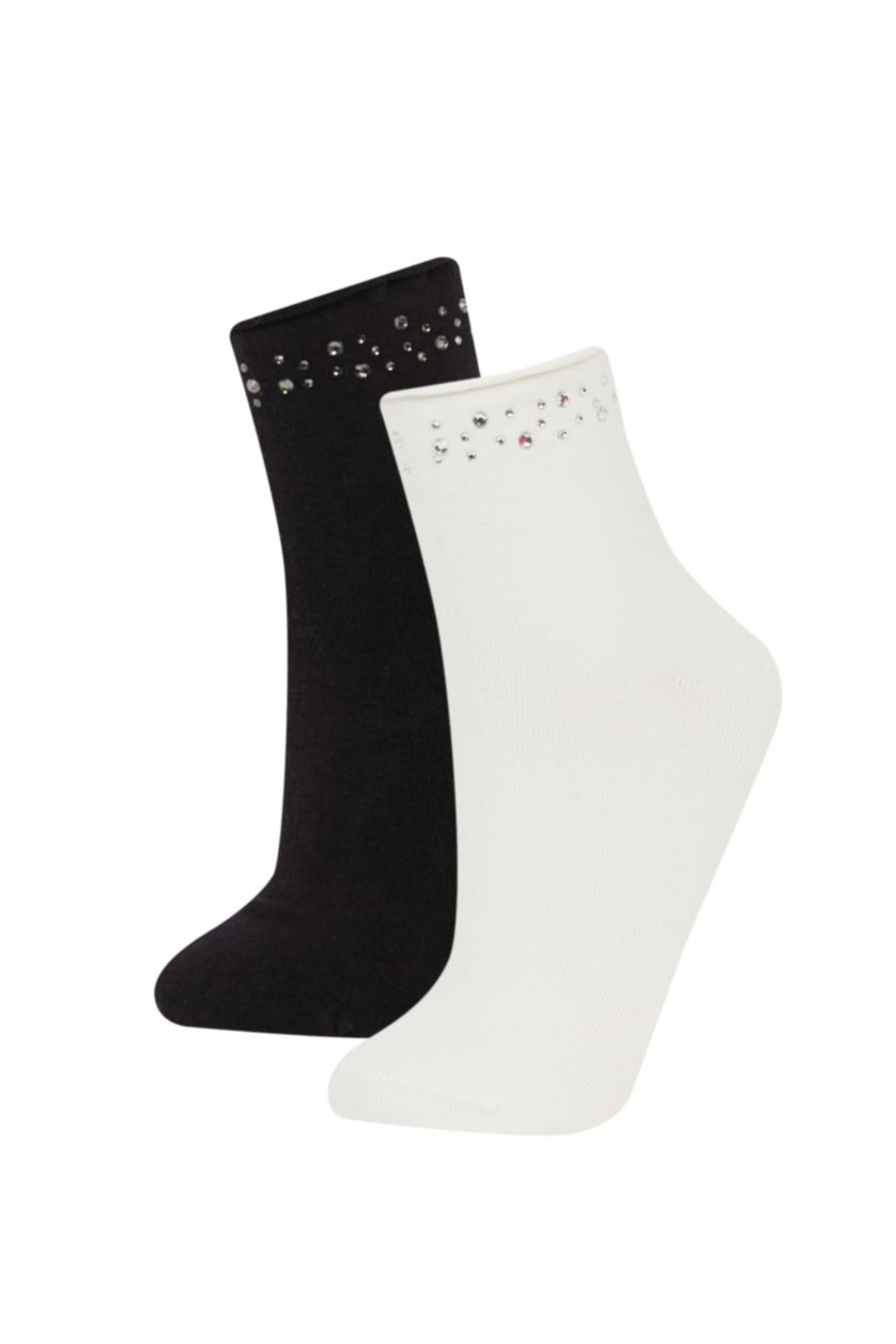 Kadın Karma Kadın Dikişsiz Parlak Taş Baskılı 2'li Penye Pamuklu Premium Soket Çorap