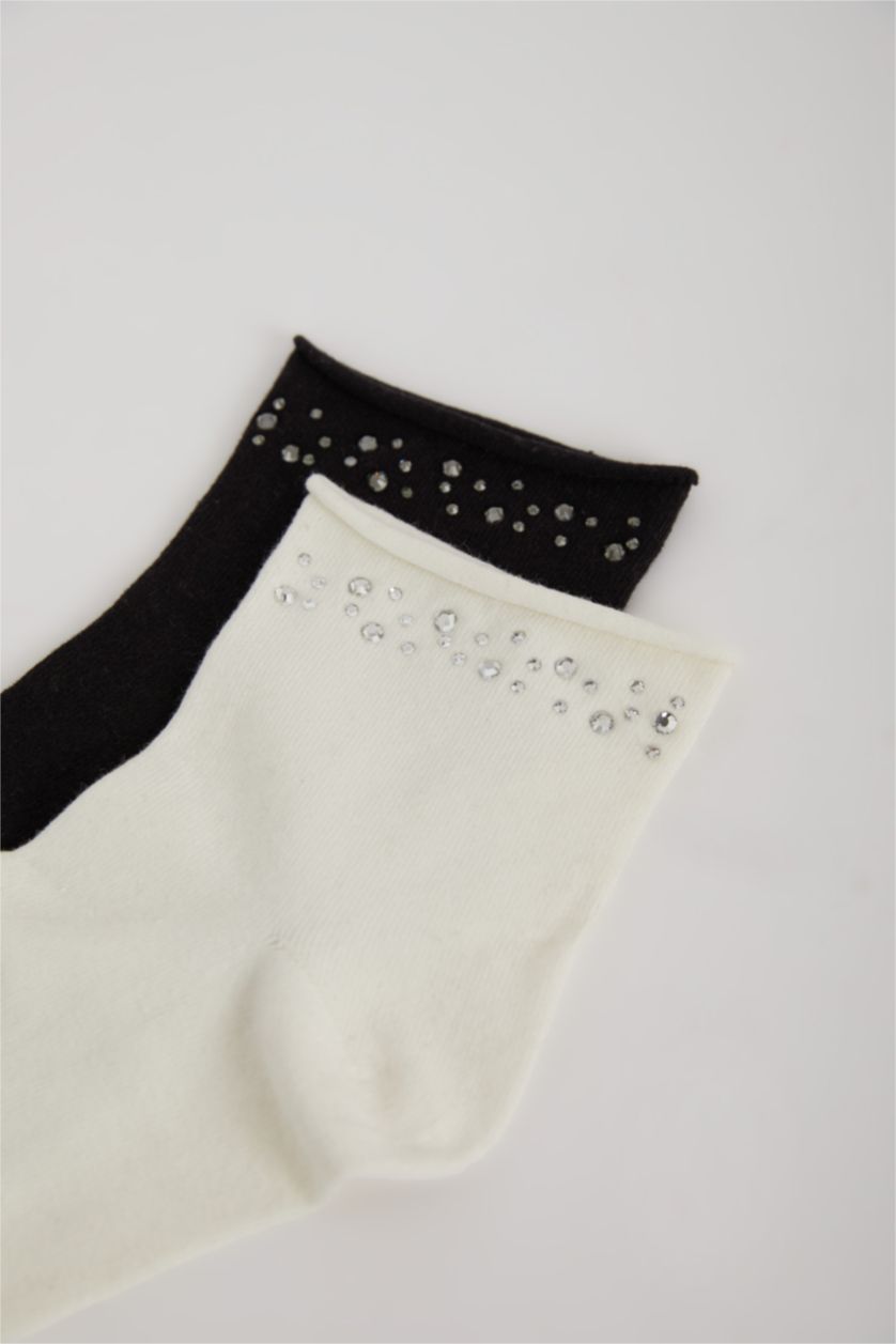 Kadın Karma Kadın Dikişsiz Parlak Taş Baskılı 2'li Penye Pamuklu Premium Soket Çorap