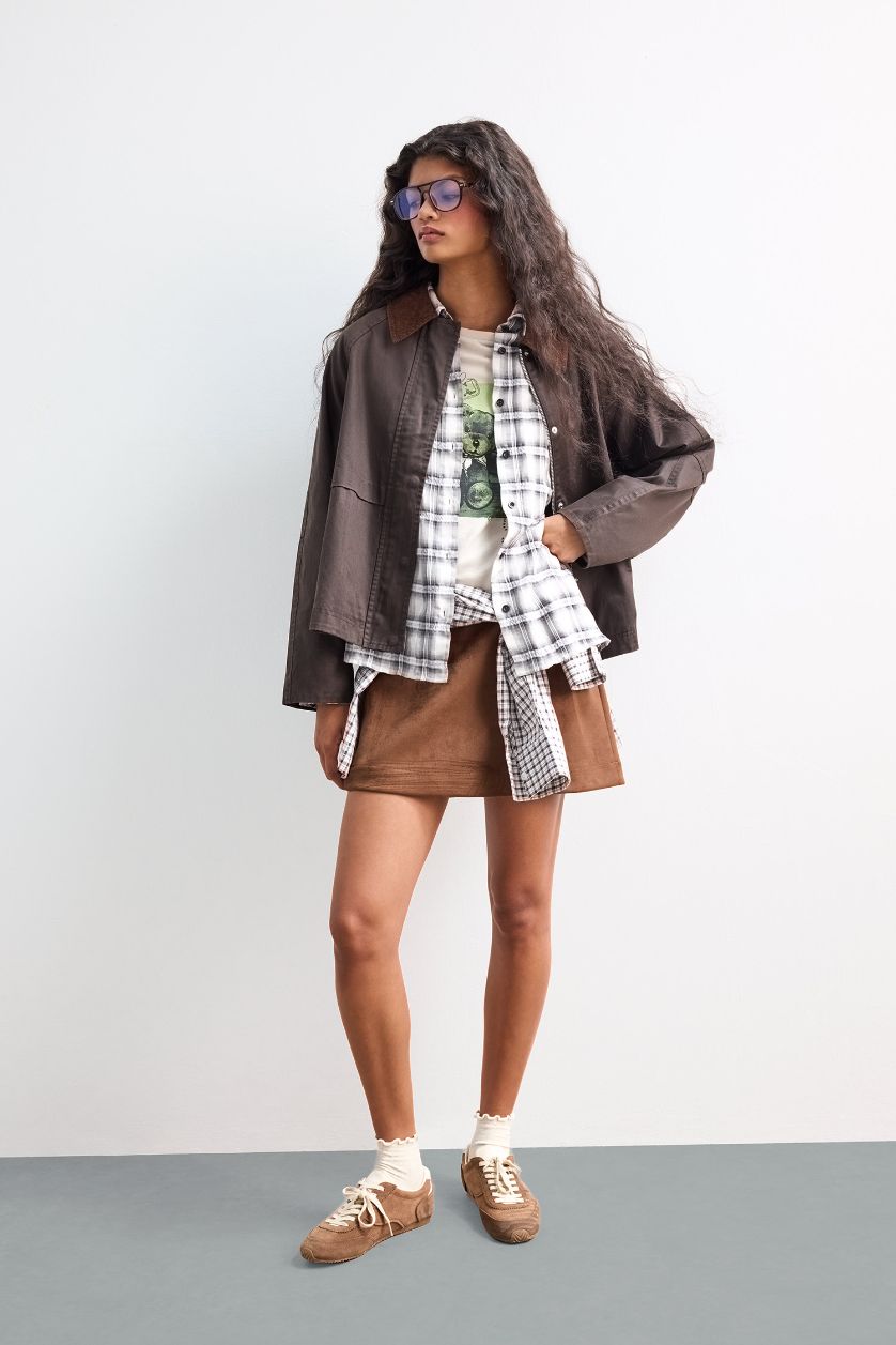 Kadın Kahve Su Geçirmez Relax Fit Kontrast Yaka Fermuarlı Mont