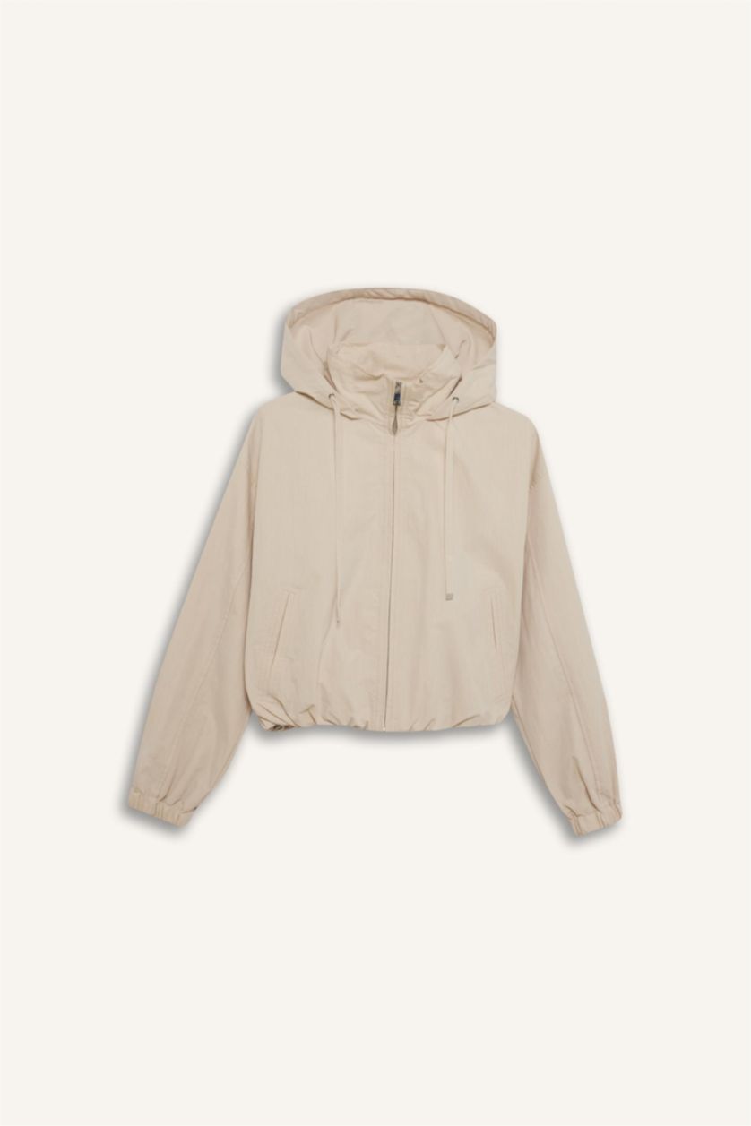 نساء اللون الحجري جاكيت كروب قصة عادية بغطاء للرأس مقاوم للماء