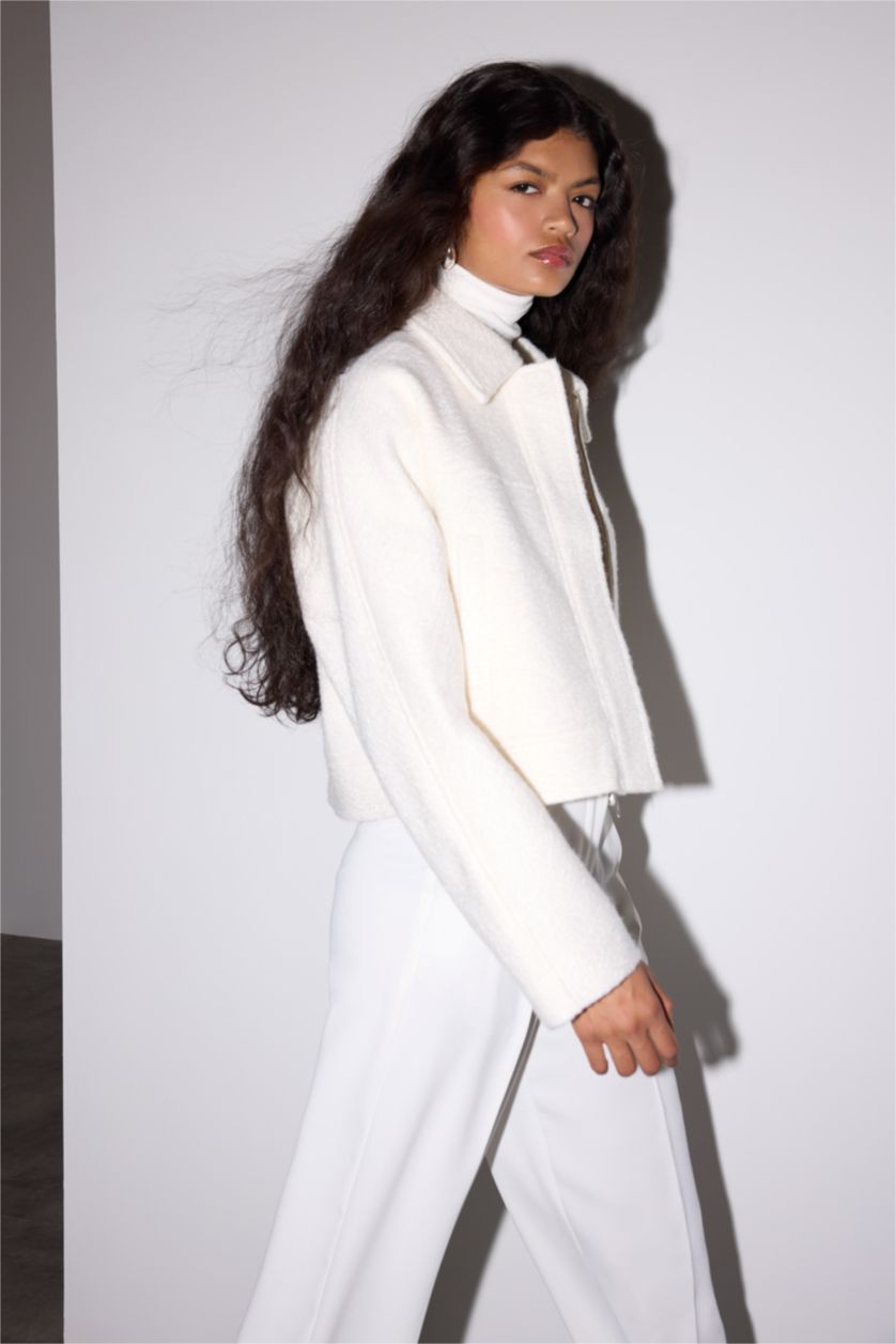 Kadın Ekru Regular Fit Polo Yaka Kaşe Mont