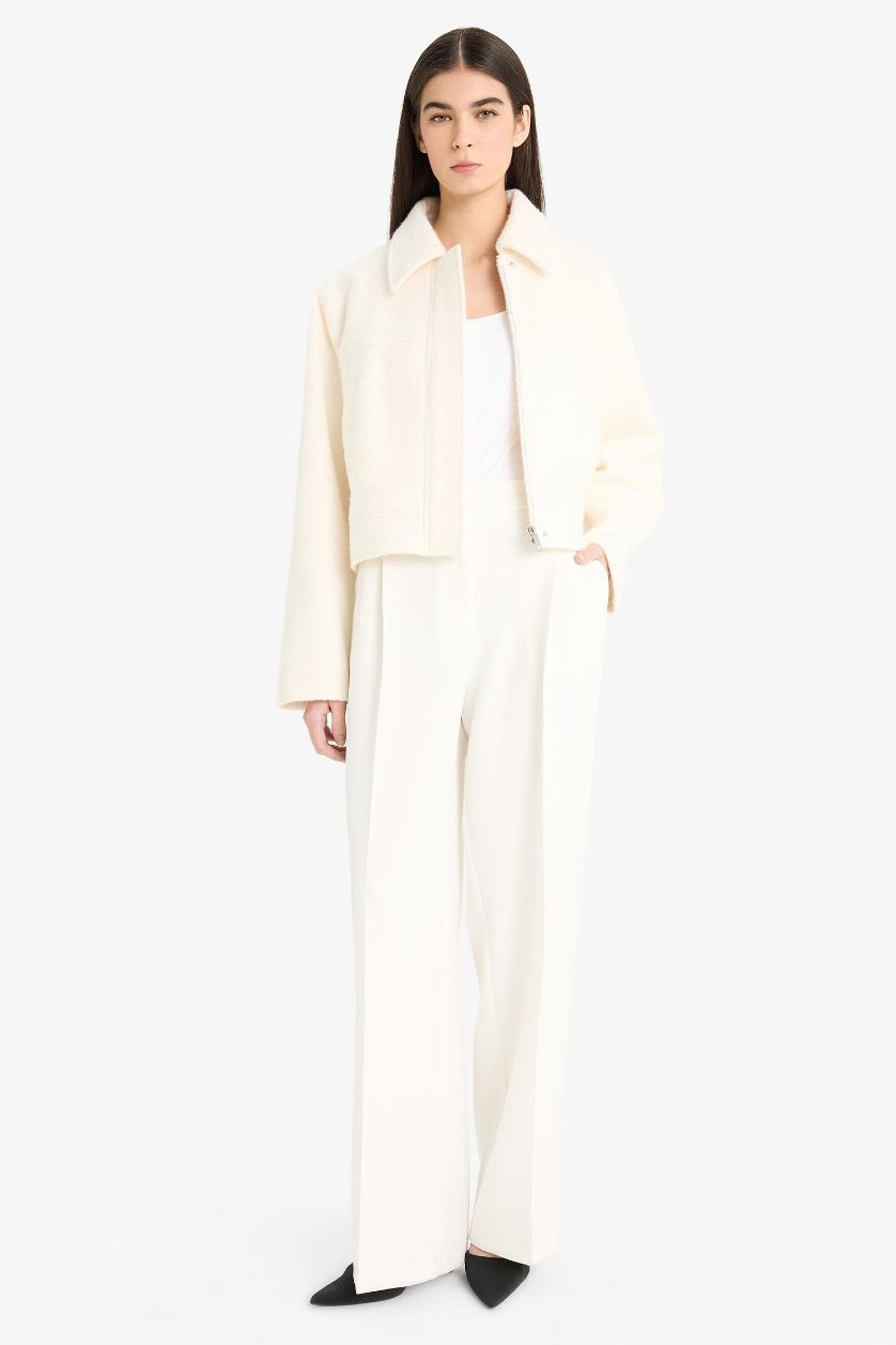 Kadın Ekru Regular Fit Polo Yaka Kaşe Mont