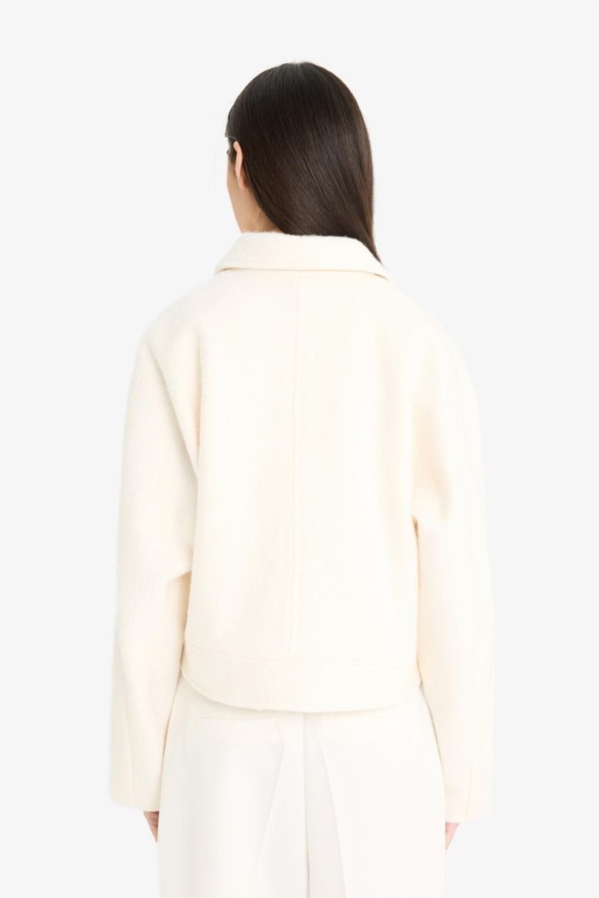 Kadın Ekru Regular Fit Polo Yaka Kaşe Mont