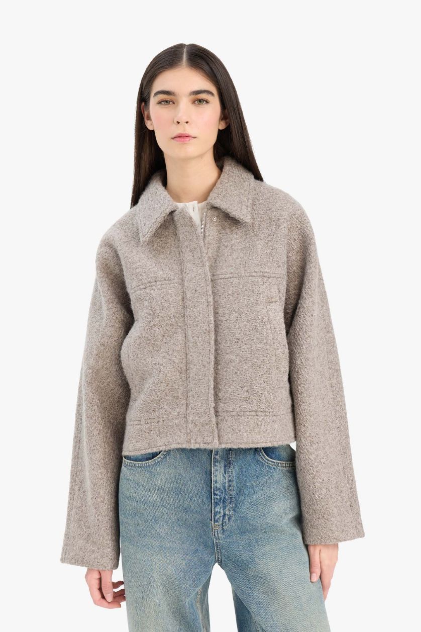 Kadın Gri Regular Fit Polo Yaka Kaşe Mont